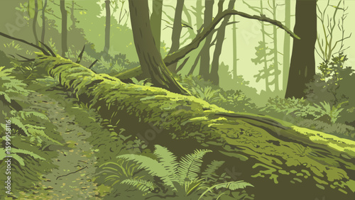 Explore the enchanting forest landscape painting with mossy tree trunks and lush green ferns scenery artwork