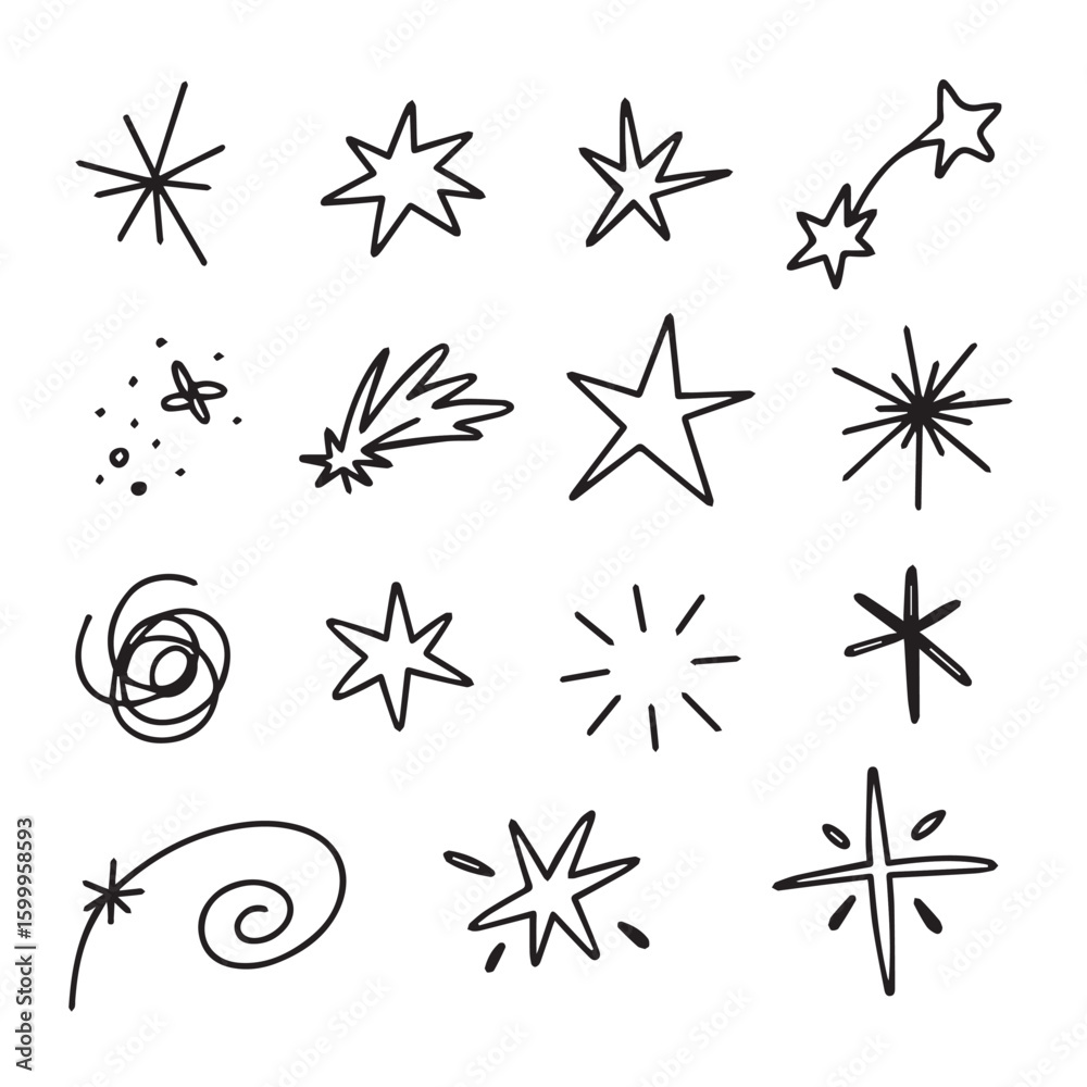 Obraz premium Collection of hand-drawn starbursts and celestial elements in black ink