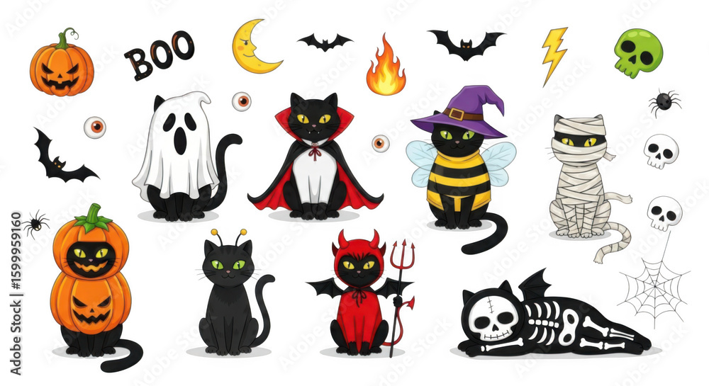 Fototapeta premium A variety of cute halloween characters including pumpkins, cats, ghosts, a bee witch, a devil, and a skeleton, on a transparent background