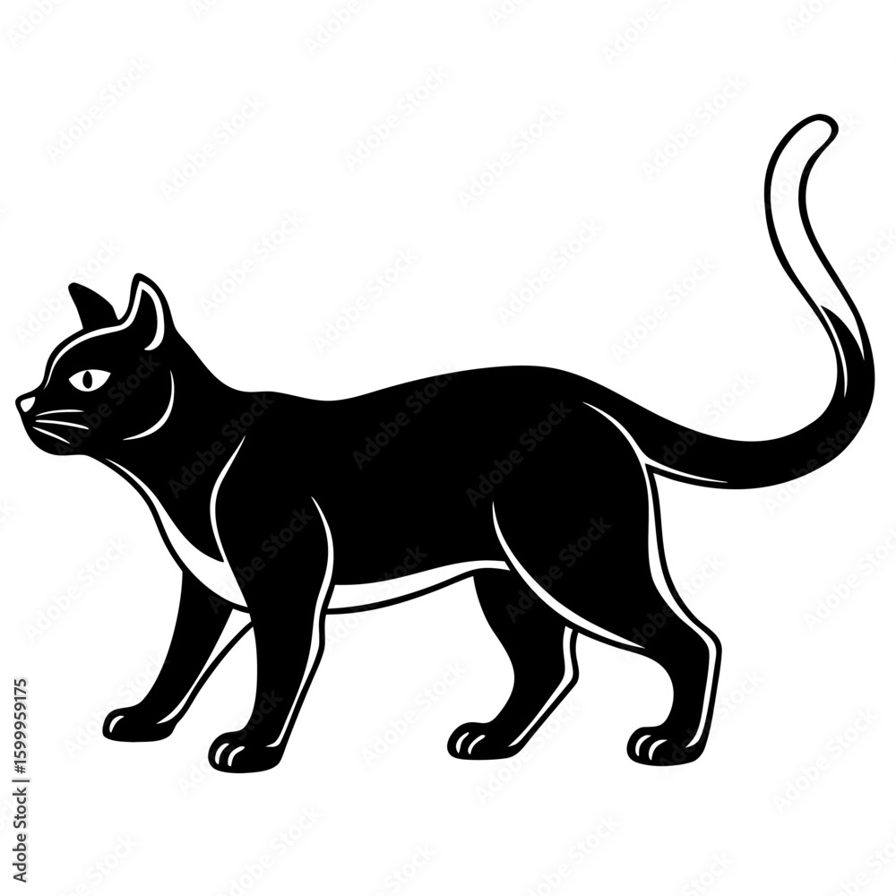 Obraz premium Black Cat Silhouette Vector, Walking Cat Icon SVG, Editable Halloween Animal Clipart, Logo Ready Pet Graphic, Print-Ready Design, Clean Lines, High Quality Isolated Cat Illustration