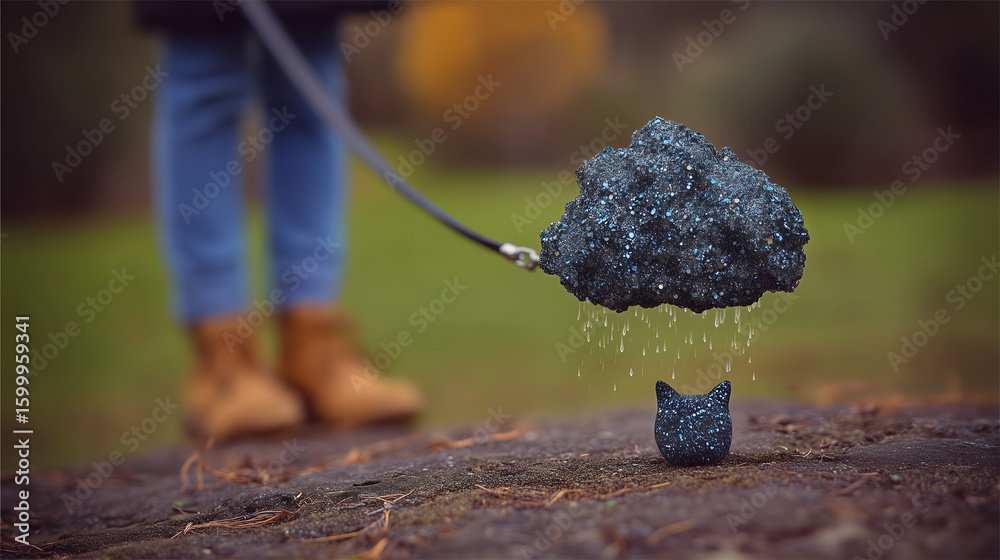 Obraz premium A person walking a small, fluffy storm cloud on a leash. A surreal and whimsical image of a person walking a small, dark storm cloud on a leash, as if it were a pet dog. The cloud is raining lightly. 