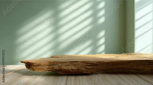 Textured raw wood slab desk with uneven live edge, illuminated by diagonal golden light beam window blinds, soft shadow