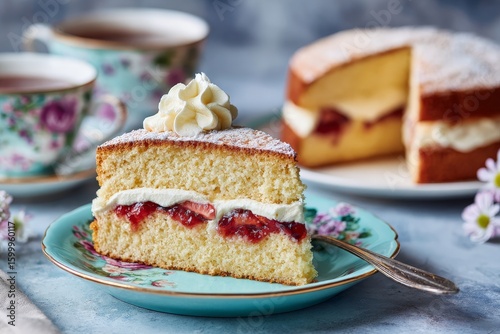 Wallpaper Mural A slice of sponge cake with cream and jam on a floral plate, with a whole cake and teacups in the background. Torontodigital.ca