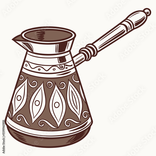 Traditional Turkish Coffee Pot Illustration With Ornamented Design And Wooden Handle