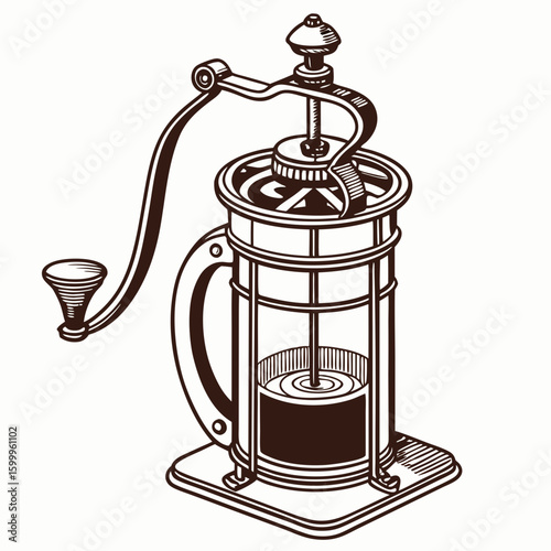 Antique Style French Press Coffee Maker Isolated Line Art Illustration