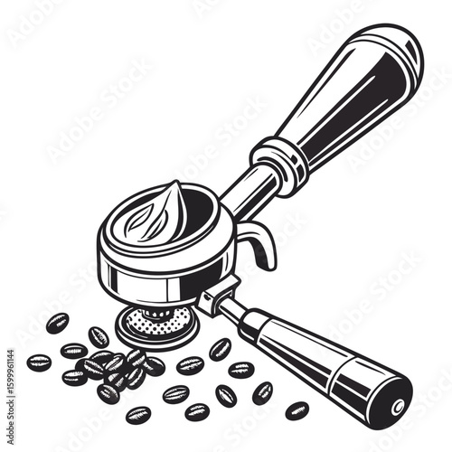Black And White Coffee Portafilter With Roasted Coffee Beans Illustration Design