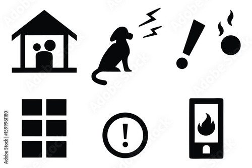 Black white icons warning alert danger symbols set of silhouettes