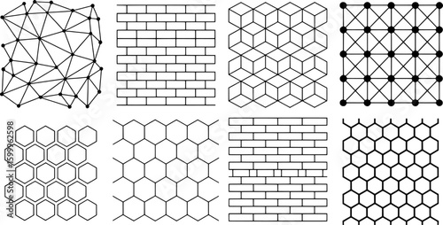 Geometric patterns including triangles hexagons cubes and brickwork abstract shapes