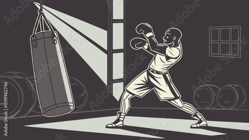 Boxing training session fighter punching bag workout gym sport exercise illustration vector art design is shown