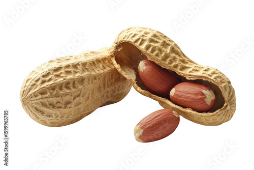 Close up of a cracked peanut shell revealing three red skinned peanuts isolated on transparent background
