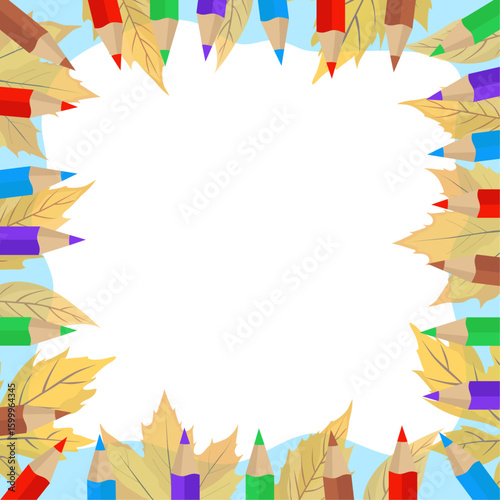 School background frame with colored and pencils autumn leaves flat illustrations