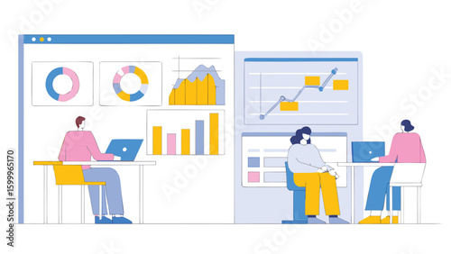 People analyzing charts and graphs on computers in a business meeting presentation setting shown here