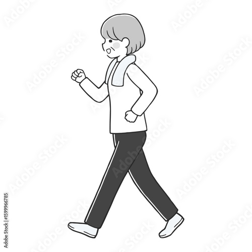 楽しくウォーキングするシニア女性 モノクロ