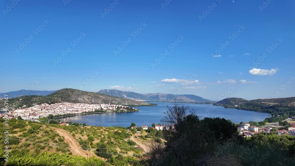 Kastoria city viewpoint Lake Orestiada nature landscape Greece Macedonia region clear blue sky Kastoria city viewpoint Lake Orestiada nature landscape Greece Macedonia region clear blue sky