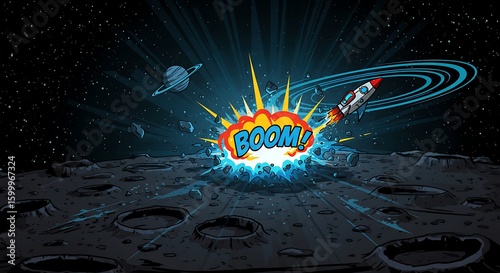 Cartoon Rocket Launching on Gray Planet Surface with Planetary Rings