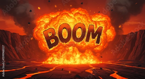 Volcanic Orange Explosion with Boom Text in Hot Lava Landscape
