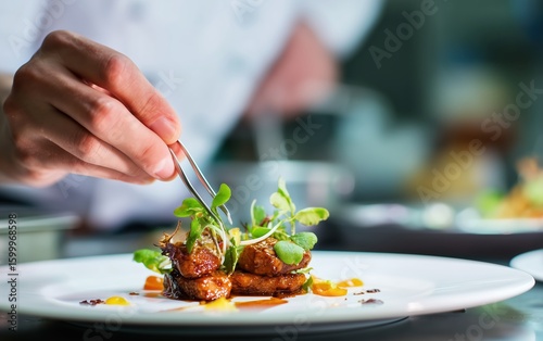 Fototapeta Naklejka Na Ścianę i Meble -  Chef plating gourmet food with tweezers in fine dining restaurant