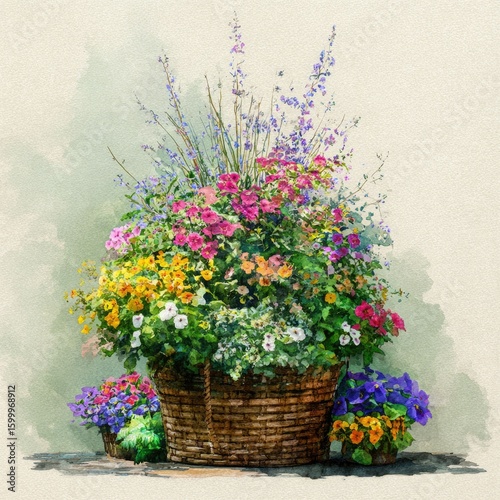 Watercolor flower basket in country garden style