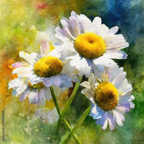Watercolor daisies with soft yellow centers and white petal