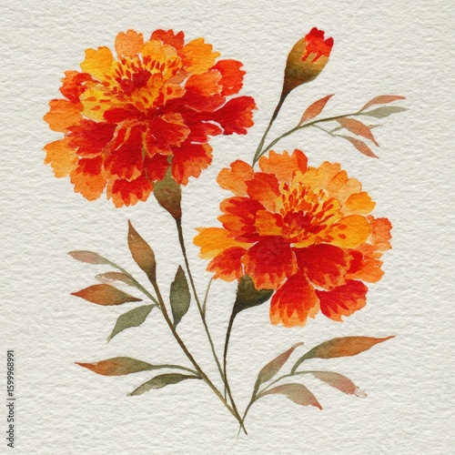 Watercolor marigolds in fiery orange and red