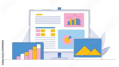 Computer screen displaying data charts and graphs with additional smaller screens around it