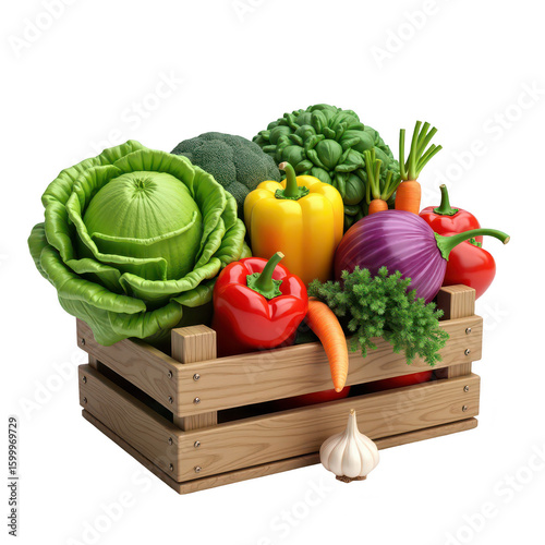 Colorful vegetables fill a wooden crate.