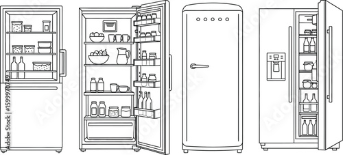 Collection of Refrigerator Illustrations Showing Various Models and Interior Contents