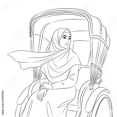 Muslim woman riding traditional rickshaw