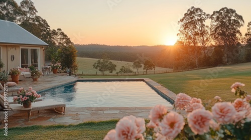 Wallpaper Mural Serene country estate sunset view, poolside relaxation Torontodigital.ca