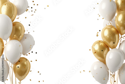 Gold and white balloons celebration party background, isolated on a transparent background