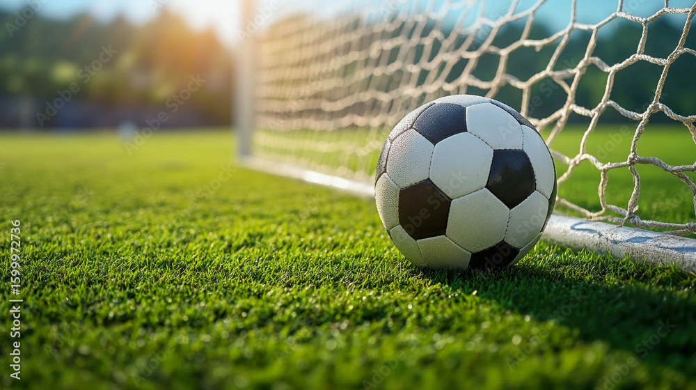 Fototapeta premium A football lying on the grass near the goal of a football field.