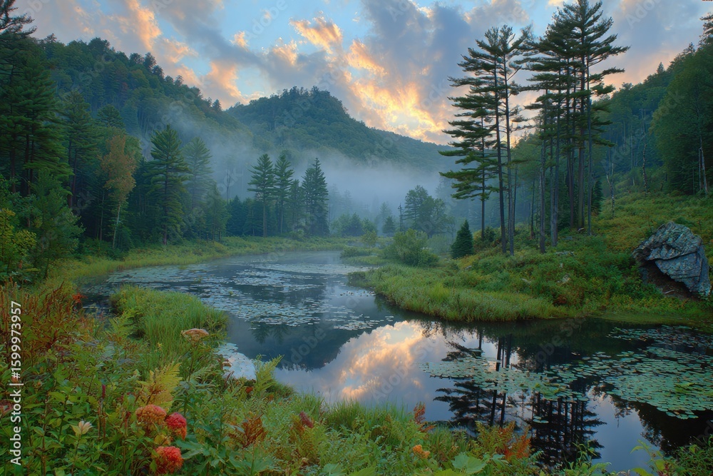 Fototapeta premium Misty mountain stream at dawn. Lush valley, tranquil scene