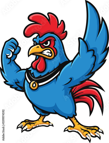 Fierce blue rooster mascot illustration, cartoon character flexing muscles, powerful animal artwork, strong farm bird design, bold and vibrant fitness concept vector