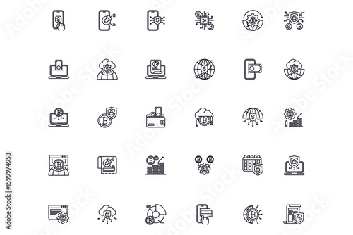 Cryptocurrency and Blockchain Icon Set Outline Vector Style Featuring Bitcoin, Wallets, Cybersecurity, Cloud Mining, and Digital Finance