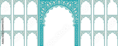 Ornate Islamic archway illustration, intricate floral patterns design, symmetrical decorative architecture, cultural heritage vector artwork, traditional religious art template, historical structure s