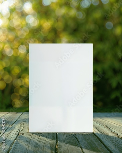 A blank white piece of paper standing upright on a wooden surface, with a blurred green and yellow background suggesting a garden or outdoor setting.