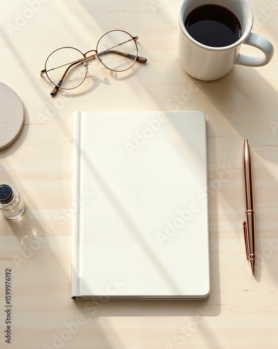 A wooden table with a notebook, a pen, a pair of eyeglasses, a small bottle, a white paper, and a white cup filled with a dark liquid, possibly coffee. The items are neatly arranged