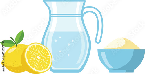 Illustration of lemonade ingredients, lemons, water pitcher, and sugar bowl for summer drink recipe