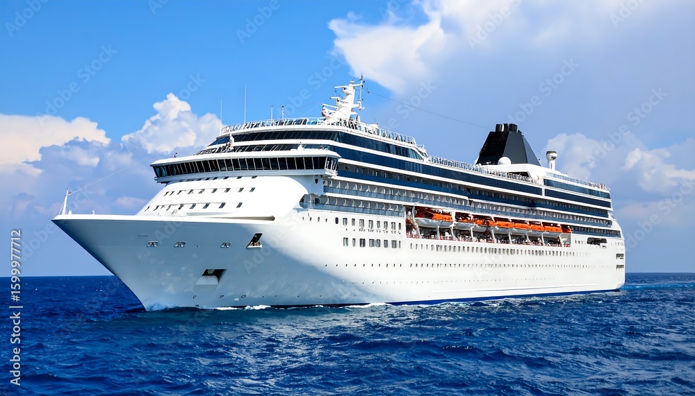 Naklejka premium Large white cruise ship sailing on calm blue ocean under a partly cloudy sky
