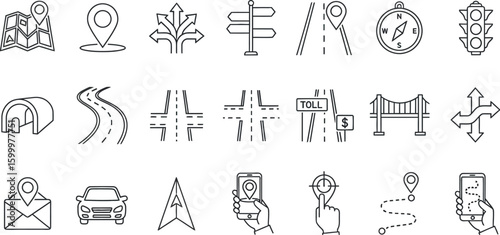 Navigation and travel icons including maps, directions, roads, and GPS