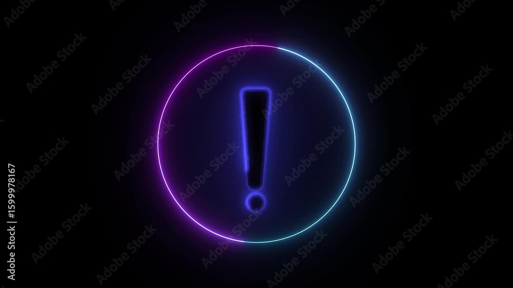 Futuristic digital interface motion. Purple and blue neon alert symbol with seamless loop. Seamless loop warning sign animation. Neon glowing exclamation mark for technology visuals. Futuristic digital interface motion. Purple and blue neon alert symbol with seamless loop. Seamless loop warning sign animation. Neon glowing exclamation mark for technology visuals.