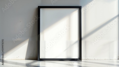A blank black frame leaning against a wall with a shadow cast on the wall, indicating the presence of a light source.