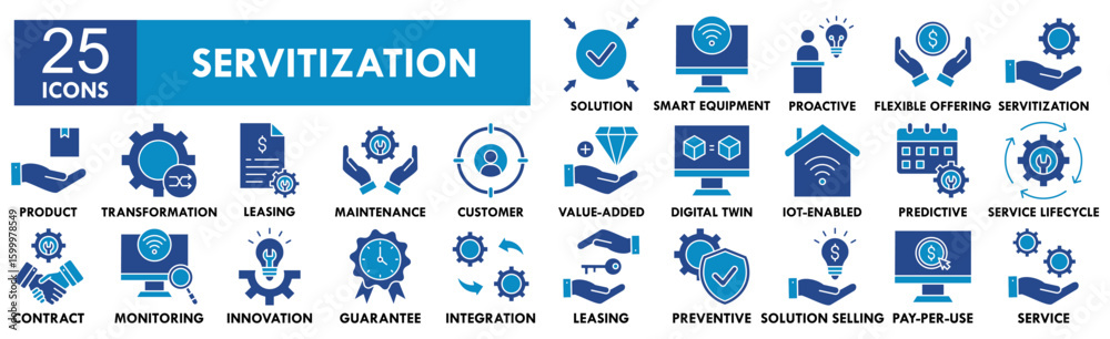 Servitization icon collection set. Containing design service, business, technology, online, internet Servitization icon collection set. Containing design service, business, technology, online, internet