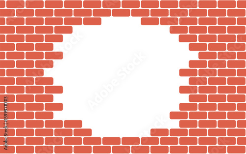 Brick wall hole. Broken red brick wall. Old building texture. Crack stone background. Graphic blocks frame. Vintage abstract vector illustration.