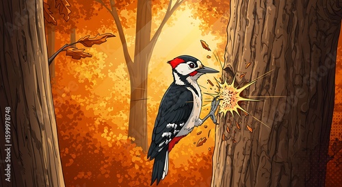 Cartoon Woodpecker Pecks Brown Tree Bark in Autumn Forest Sunlight