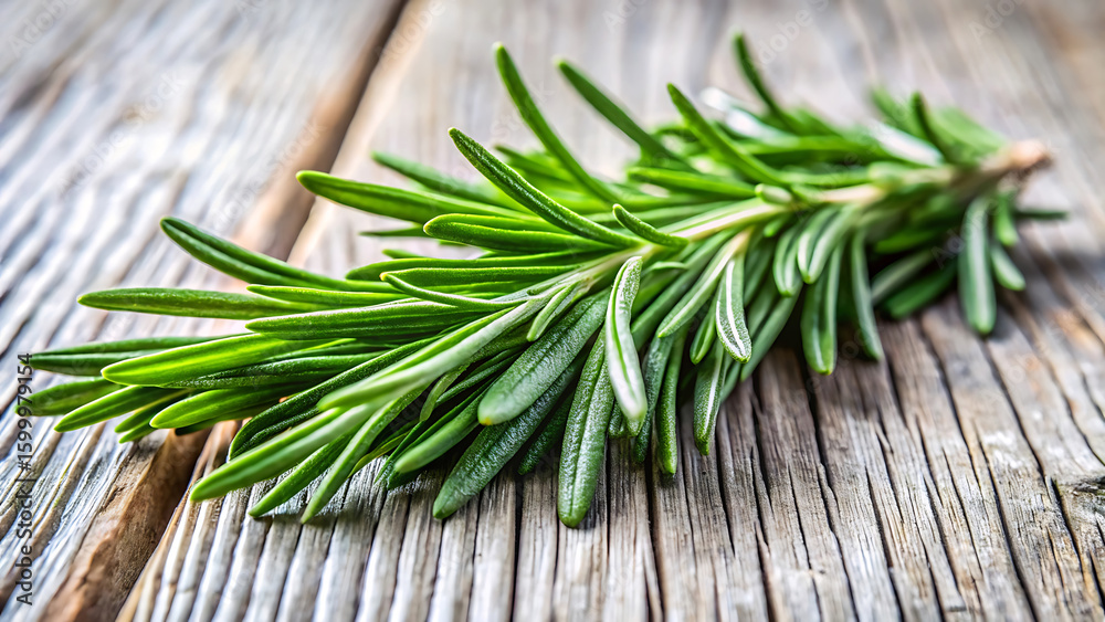 Macro Shot Of Fresh Rosemary Sprigs On A Wooden Surface Macro Shot Of Fresh Rosemary Sprigs On A Wooden Surface