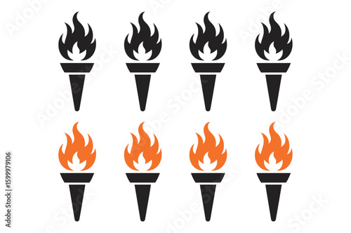 Illustration of eight torches arranged in two rows with varying flame colors