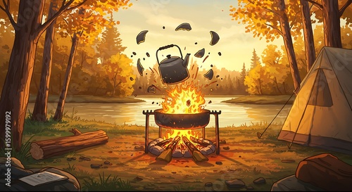 Camping Kettle Exploding Over Blazing Fire in Autumn Forest Setting