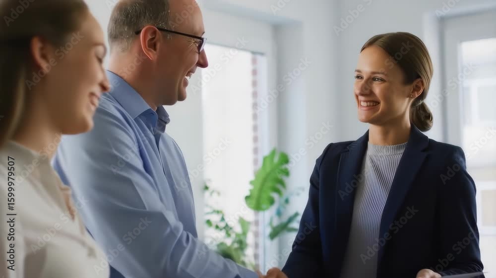 Business people shaking hands smiling in office reflecting teamwork and collaboration in professional setting