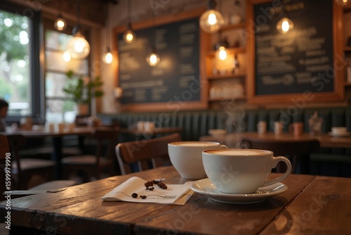 Latte art steams gently in coffee cups atop a worn wood cafe table, framed by a warmly lit restaurant interior.